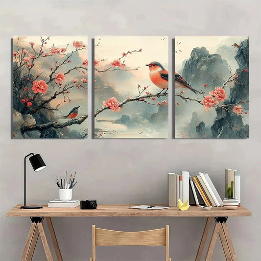 3pcs Chinese Style Peony & Bird Metal Print Ready to Hang Art
