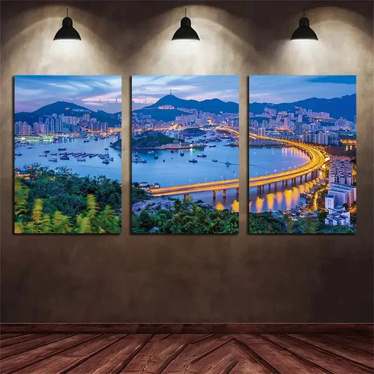 3pcs City Skyline Night View Urban Metal Print Ready to Hang Art