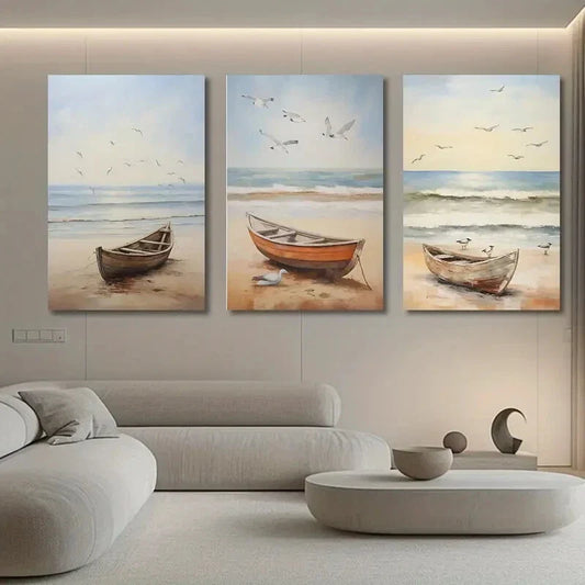 3pcs Beach Boat Flying Birds Blue Sky Metal Print Ready to Hang Art