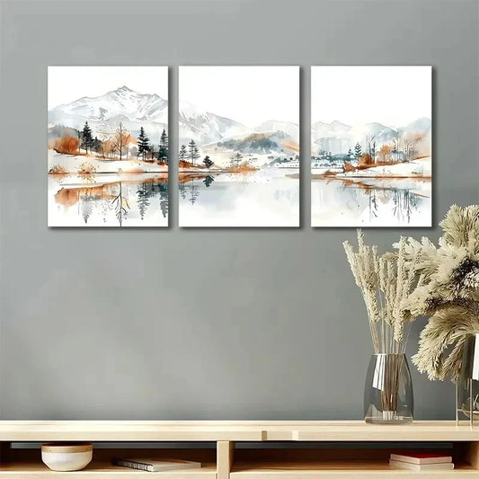 3pcs Warm Earthy Japandi Style Nature Lake Metal Print Ready to Hang Art