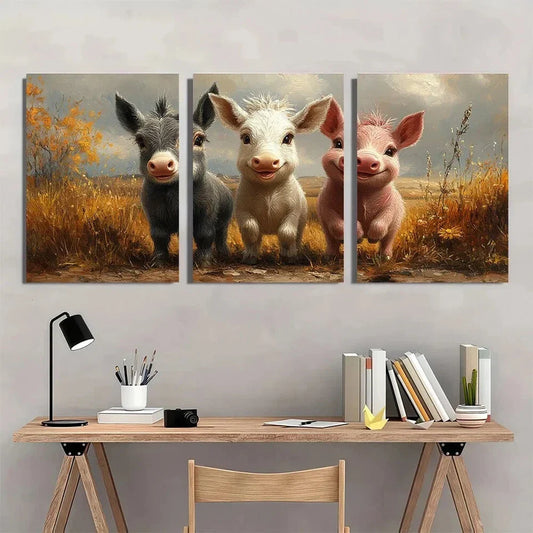 3pcs Farmhouse Animal Cow Donkey Pig Metal Print Ready to Hang Art