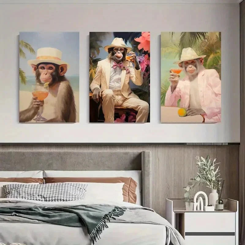 3pcs Monkeys in Suits Drinking Cocktails, Metal Print Ready to Hang Art