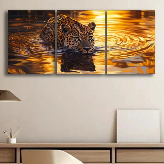3pcs Tiger On River Sunlight Animal Themed Metal Print Ready to Hang Art