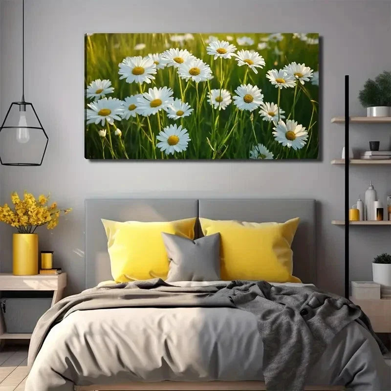 White Wild Chrysanthemum Meadow Wall Art Canvas Office Home Room Framed 80x45cm