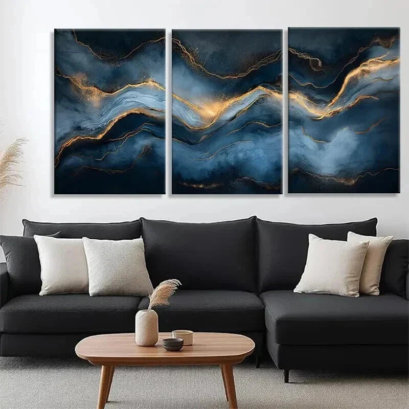 3pcs Abstract Blue and Golden Marble-Inspired Wall Art Set Canvas Framed 40x60cm - High Quality Print 100% Australian Made Wall Canvas Ready to Hang