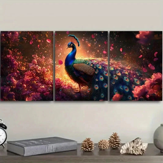 3pcs A colorful PeaRooster Bird Themed Metal Print Ready to Hang Art