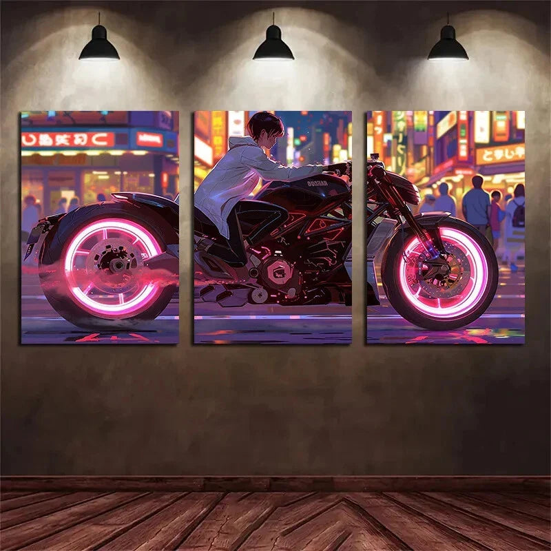 3pcs Vibrant Neon-Lit Rider Scenes Metal Print Ready to Hang Art