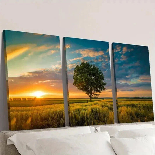 3pcs Trees in the Field & Sunset Landscape Wall Art Set Canvas Framed 40x60cm - High Quality Print 100% Australian Made Wall Canvas Ready to Hang
