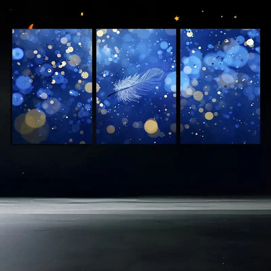 3pcs Feathers Blue Bubbles Wing Metal Print Ready to Hang Art