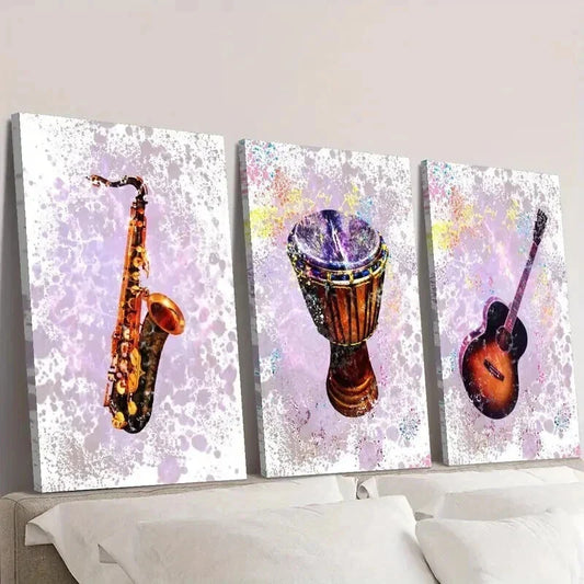 3pcs Saxophone Bass Drum Guitar Instrument Wall Art Set Canvas Framed 40x60cm - High Quality Print 100% Australian Made Wall Canvas Ready to Hang