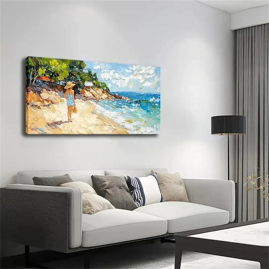 Lady Blue Dress Strolling Beach Wall Art Canvas Office Home Room Framed 120x60cm