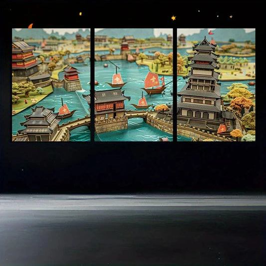 3pcs Traditional Chinese Architecture Metal Print Ready to Hang Art