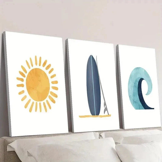 3pcs Sunshine Doodle Blue Surfboard & Wave Wall Art Set Canvas Framed 40x60cm - High Quality Print 100% Australian Made Wall Canvas Ready to Hang