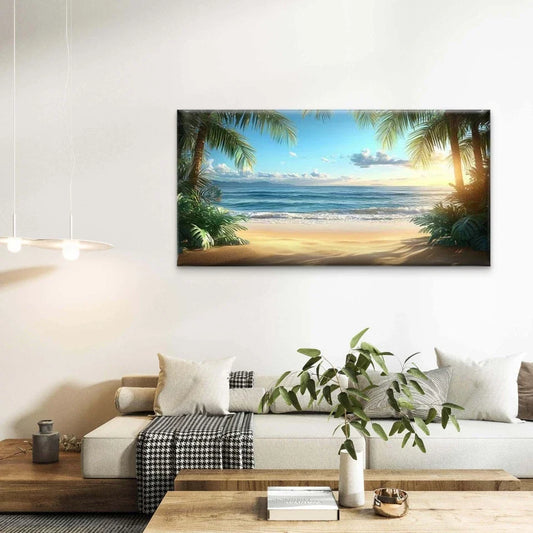 Tropical Beach Sunrise Wall Art Canvas Office Home Room Framed 80x45cm