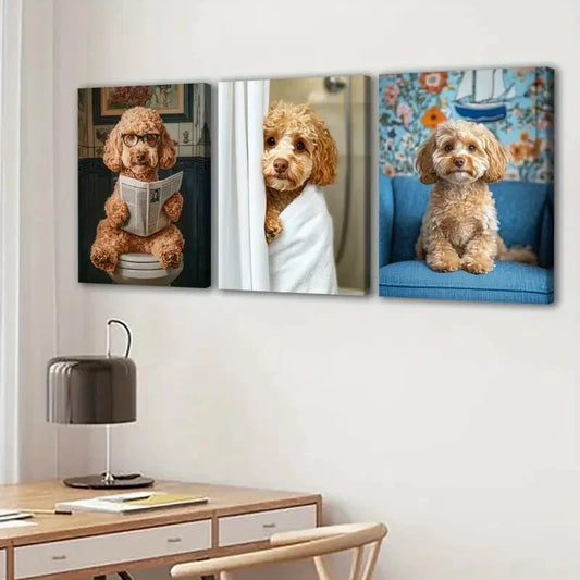 3pcs Cute Dog Toilet Blue & White Brawny Paper Wall Art Set Canvas Framed 40x60cm - High Quality Print 100% Australian Made Wall Canvas Ready to Hang