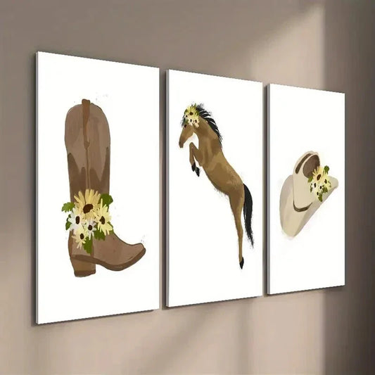 3pcs Boots Hat & Jump Horse with Yellow Flower Wall Art Set Canvas Framed 40x60cm - High Quality Print 100% Australian Made Wall Canvas Ready to Hang