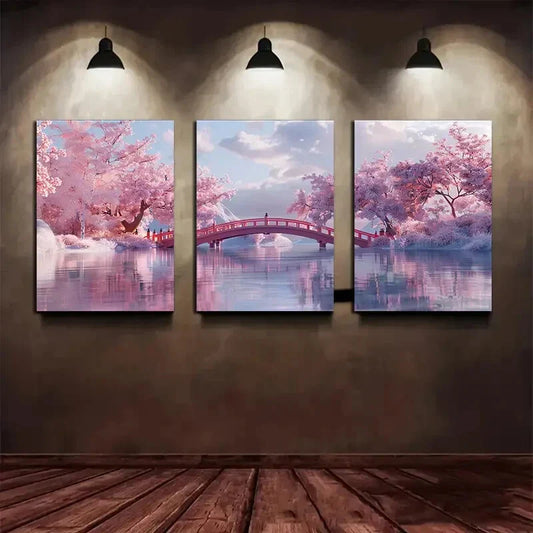 3pcs Cherry Blossom River Bridge Rose White Cloud Metal Print Ready to Hang Art