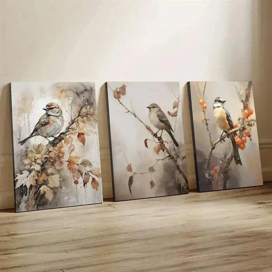 3pcs Cartoon Autumn Birds Deco Classic Wall Art Set Canvas Framed 40x60cm - High Quality Print 100% Australian Made Wall Canvas Ready to Hang