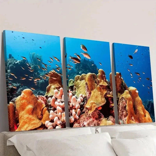 3pcs Marine Life & Colorful Coral Reefs Wall Art Set Canvas Framed 40x60cm - High Quality Print 100% Australian Made Wall Canvas Ready to Hang