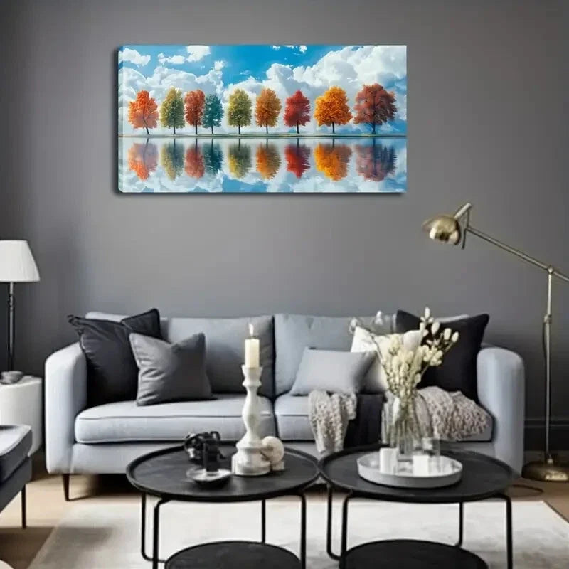 Autumn Tree Scene Reflection Wall Art Canvas Office Home Room Framed 120x60cm