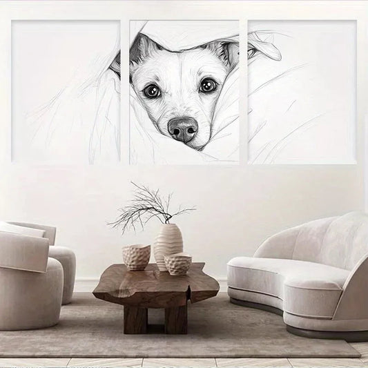 3pcs Cozy puppy Black and White SketchWall Art Set Canvas Framed 40x60cm - High Quality Print 100% Australian Made Wall Canvas Ready to Hang