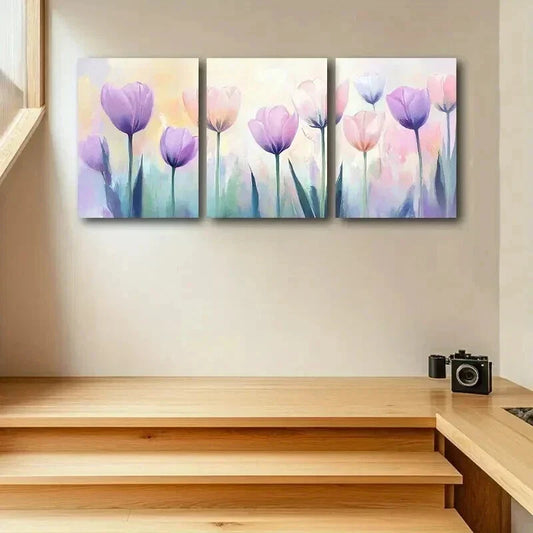 3pcs Vibrant Pink & Purple Tulips Decoration Wall Art Set Canvas Framed 40x60cm - High Quality Print 100% Australian Made Wall Canvas Ready to Hang