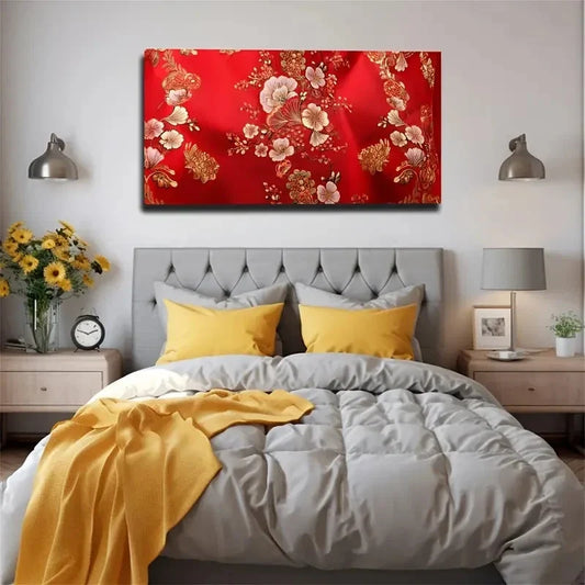 Elegant Red Floral Wall Art Canvas Office Home Room Framed 80x45cm
