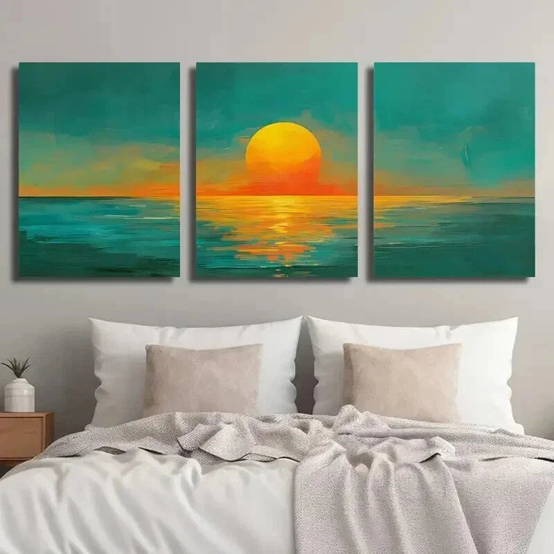 3pcs Bold Turquoise And Orange Sunset Wall Art Set Canvas Framed 40x60cm - High Quality Print 100% Australian Made Wall Canvas Ready to Hang