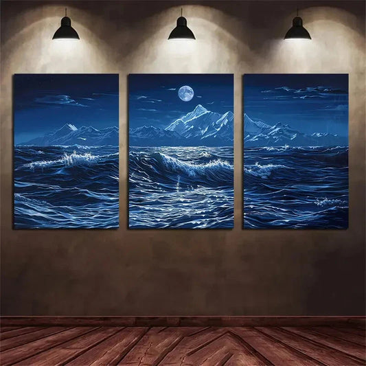 3pcs Moonlit Ocean Waves Coastal Seascape Metal Print Ready to Hang Art