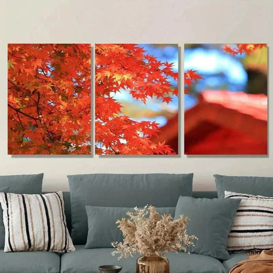 3pcs Autumn Red Maple Leaves Triptych Wall Art Set Canvas Framed 40x60cm - High Quality Print 100% Australian Made Wall Canvas Ready to Hang