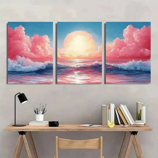 3pcs Ocean Waves Sunset & Pink Clouds Wall Art Set Canvas Framed 40x60cm - High Quality Print 100% Australian Made Wall Canvas Ready to Hang