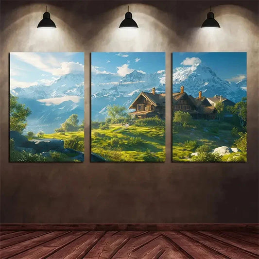 3pcs Sunny Mountain Cabin Scenery Metal Print Ready to Hang Art