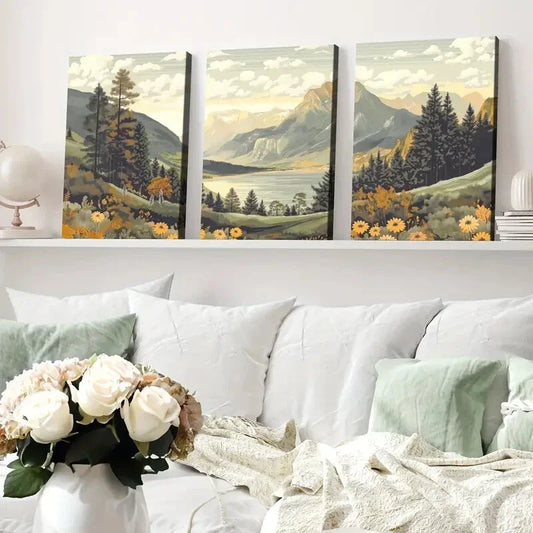 3pcs Vintage Style Mountain Landscape Nature Wall Art Set Canvas Framed 40x60cm - High Quality Print 100% Australian Made Wall Canvas Ready to Hang