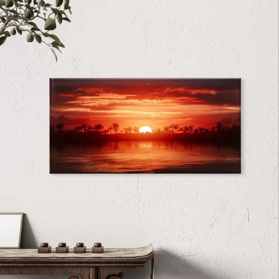 Fiery Tropical Sunset and Palm Tree Wall Art Canvas Office Home Framed 120x60cm
