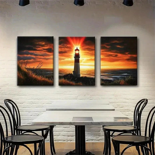 3pcs Lighthouse Warm Sunset Glow Ocean Perfect Wall Art Set Canvas Framed 40x60cm - High Quality Print 100% Australian Made Wall Canvas Ready to Hang