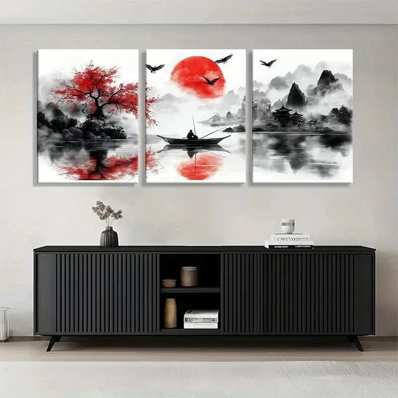 3pcs Red Sun Over River & Mountains Perfect Wall Art Set Canvas Framed 40x60cm - High Quality Print 100% Australian Made Wall Canvas Ready to Hang