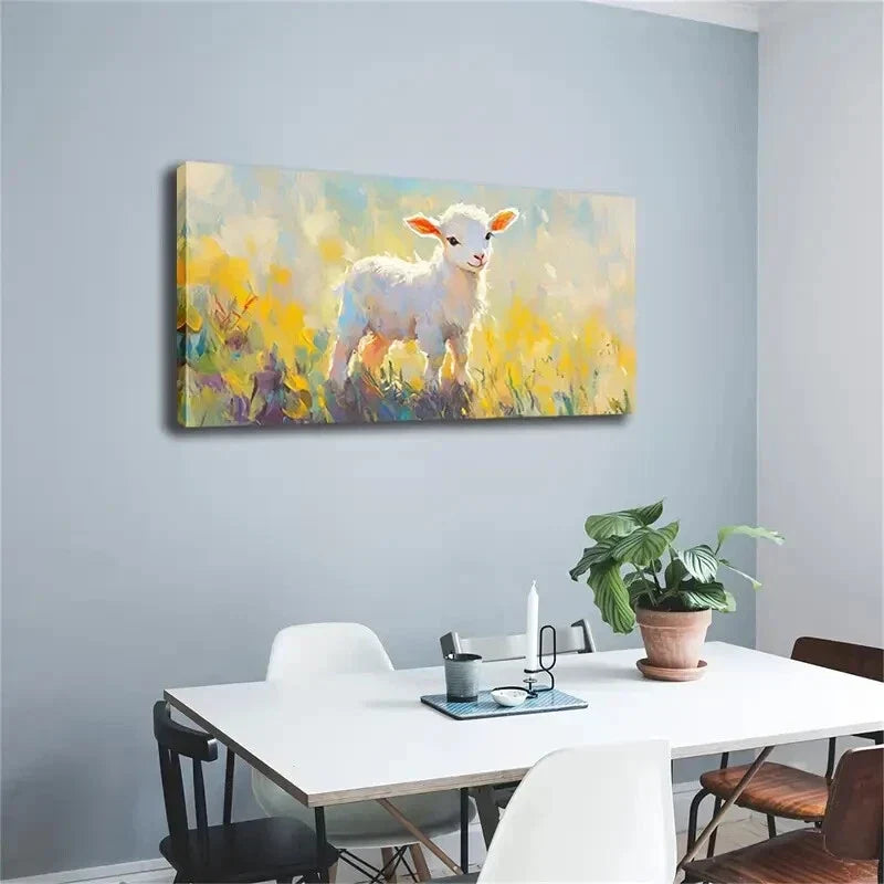 Serene White Lamb in Vibrant Wall Art Canvas Office Home Room Framed 120x60cm