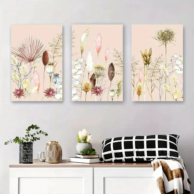 3pcs Soft Pink Floral Abstract Flower and Grass Metal Print Ready to Hang Art