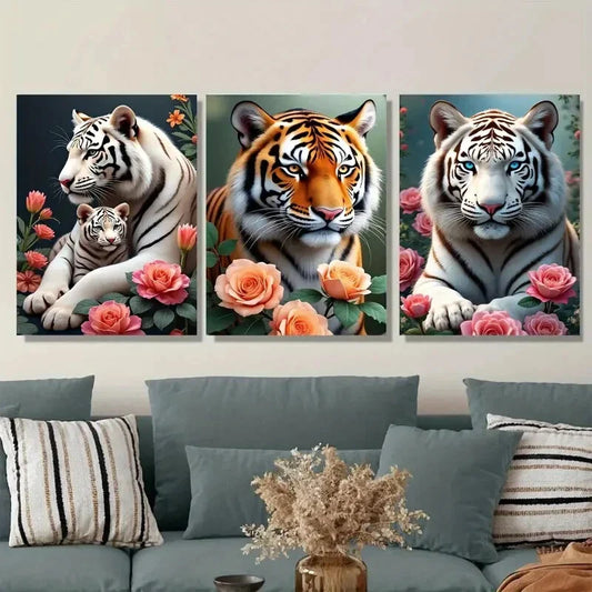 3pcs Stunning Tiger Vibrant Wildlife Paintings Wall Art Set Canvas Framed 40x60cm - High Quality Print 100% Australian Made Wall Canvas Ready to Hang
