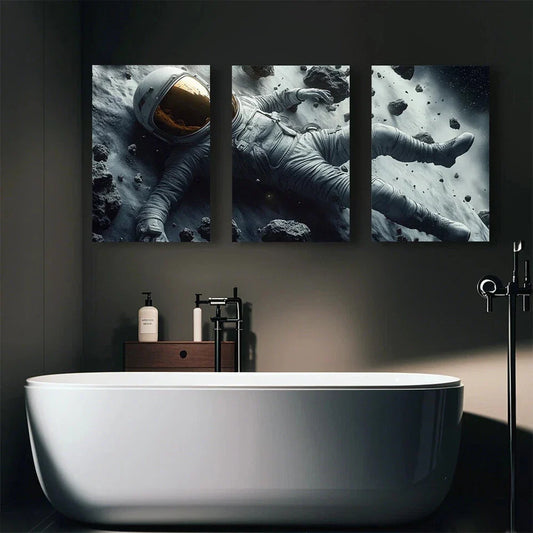 3pcs Astronaut Abstract Space Gray Themed Metal Print Ready to Hang Art