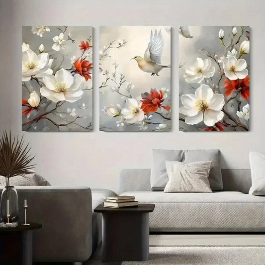 3pcs Elegant Magnolia and Bird Nature Metal Print Ready to Hang Art