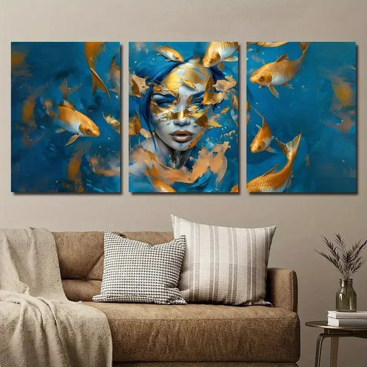3pcs Abstract Fish Girl Golden And Blue Koi Girl Metal Print Ready to Hang Art