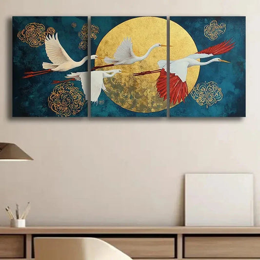 3pcs White Heron in Flight Full Moon Metal Print Ready to Hang Art