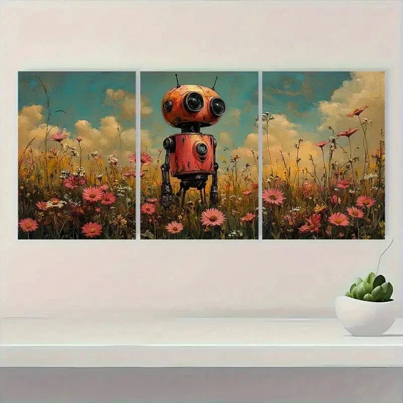 3pcs Whimsical Pink Robot & Wildflowers Metal Print Ready to Hang Art