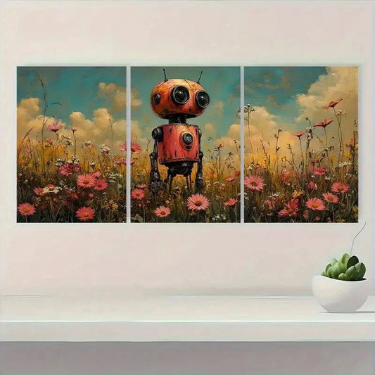 3pcs Whimsical Pink Robot & Wildflowers Metal Print Ready to Hang Art
