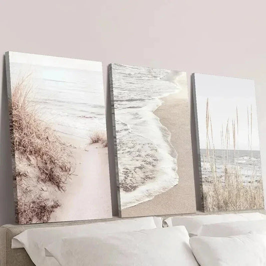 3pcs Sand Dunes Ocean Waves and Golden Grass Wall Art Set Canvas Framed 40x60cm - High Quality Print 100% Australian Made Wall Canvas Ready to Hang