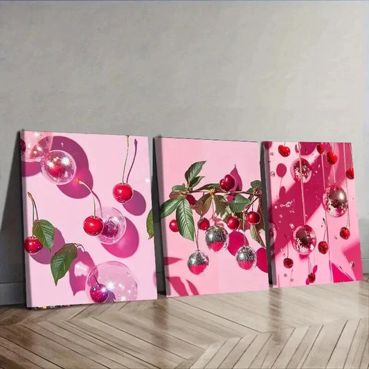 3pcs Cherry and Disco Ball Pink Colorful Sweet Wall Art Set Canvas Framed 40x60cm - High Quality Print 100% Australian Made Wall Canvas Ready to Hang