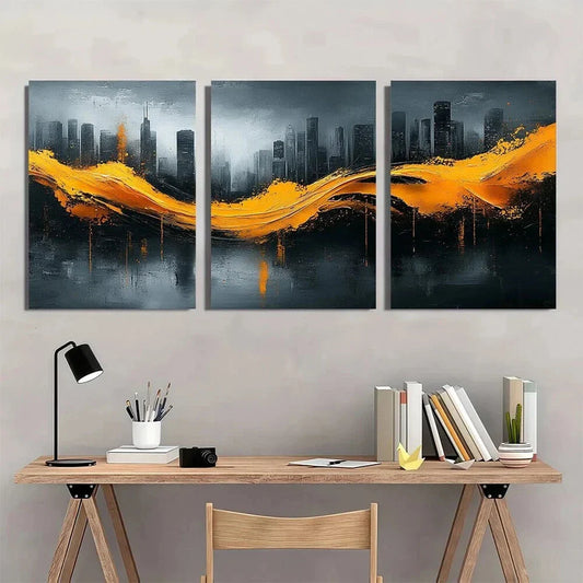 3pcs Modern Abstract Golden Black and White Metal Print Ready to Hang Art