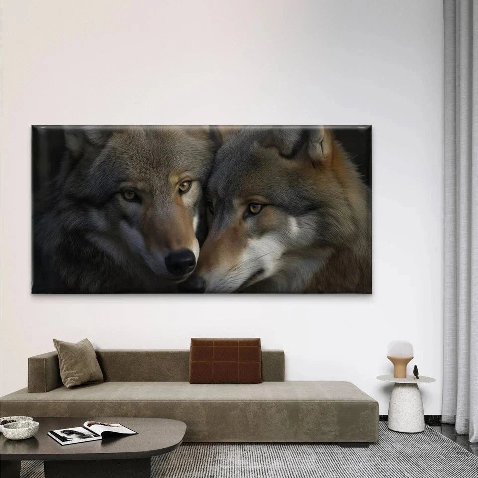 Modern Two Wolves Wall Art Canvas Office Home Room Framed 80x45cm