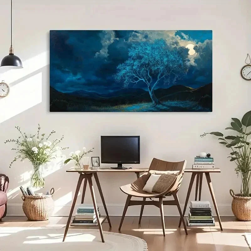 Surreal Glowing Blue Tree Moon Wall Art Canvas Office Home Room Framed 120x60cm